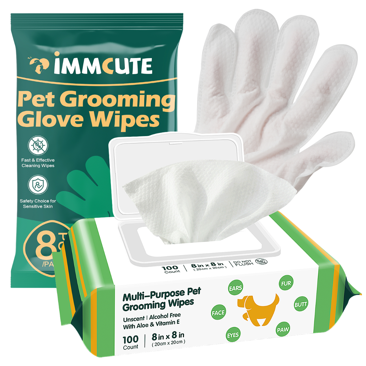 Cat Wipes Cleaning Fur, Extra Thick Dog Wipes for Paws and Butt Puppy Wipes, 8 Glove Wipes Included