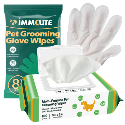 Cat Wipes Cleaning Fur, Extra Thick Dog Wipes for Paws and Butt Puppy Wipes, 8 Glove Wipes Included