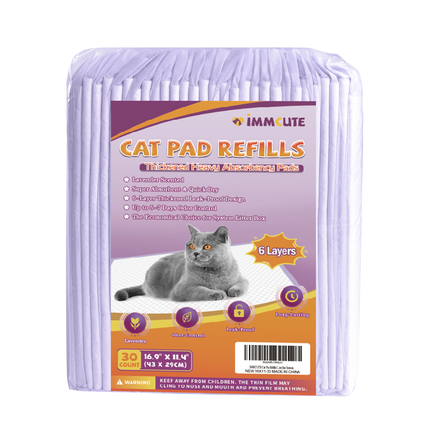 Cat Pads 16.9" X 11.4", Lavender Scent, 30 Ct | Pee Pads for Cats | Thickened 6-Layer Super Absorbent