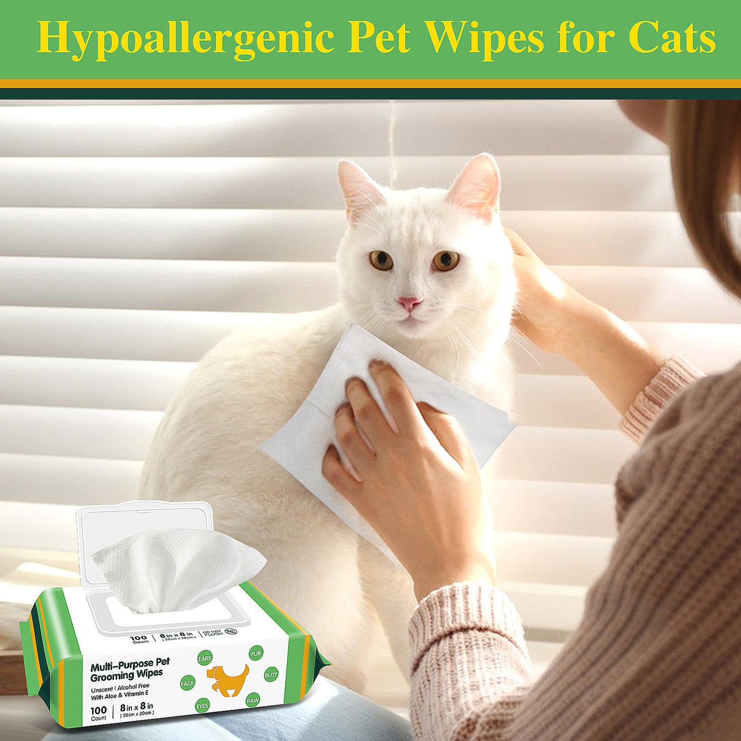 Cat Wipes Cleaning Fur, Extra Thick Dog Wipes for Paws and Butt Puppy Wipes, 8 Glove Wipes Included